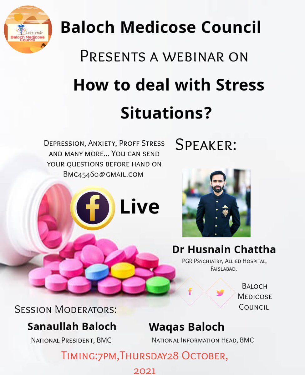 BMC_OfficialPAK's tweet photo. How to tackle common stress situations? Any question about it you can ask to our worthy speaker.
On 28 October, Thursday.
Mark your calendars and stay connected. You can send your questions before hand on 03466353312 or Bmc45460@gmail.com
#BMC #education #Medical https://t.co/DL6WlWFZ21