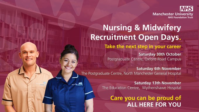 NorthMcrGH_NHS's tweet photo. Nursing and midwifery Recruitment open day. No need to register. Drop in to the Post Graduate Centre at NMGH anytime between 10am and 3pm on Saturday 6th November. #nmghopendays https://t.co/L8Rr452XOS