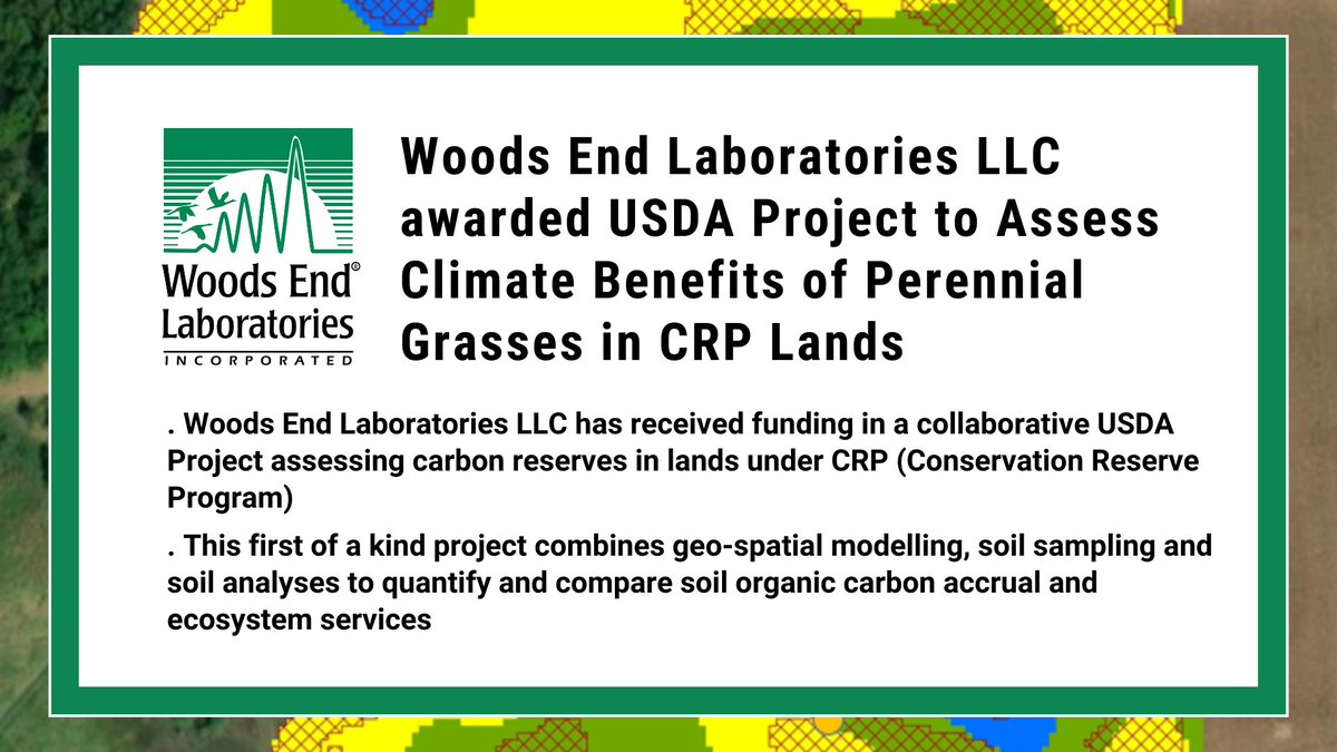 Woods End Laboratories LLC awarded <a href="/USDA/">Dept. of Agriculture</a> Project to Assess Climate Benefits of Perennial Grasses in CRP Lands woodsend.com/2021/10/woods-…

<a href="/Will_Brinton/">WFisherBrinton</a> <a href="/BrunoBasso1/">Bruno Basso</a> <a href="/MichiganStateU/">MSU</a>