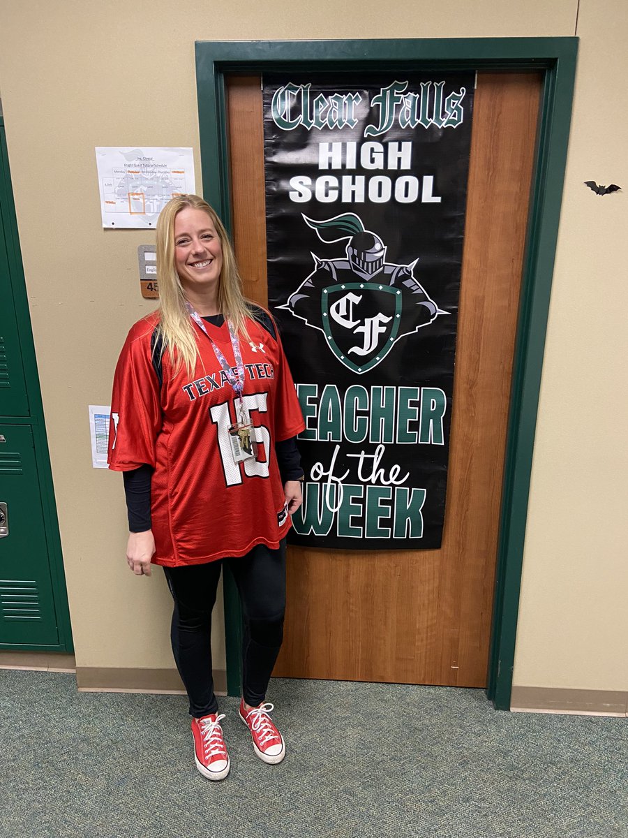 ClearFallsFB's tweet photo. Our Teacher of the Week as voted on by the players:  Crystal Jez. @CFHS_Knights https://t.co/bL0Vu8jf6j
