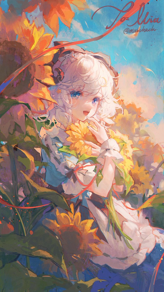 1girl sunflower flower blue eyes solo yellow flower apron  illustration images