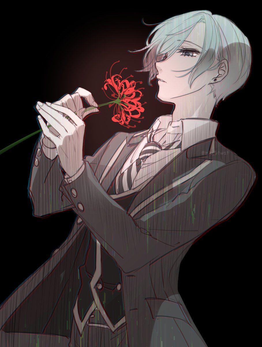 1boy male focus spider lily flower solo holding flower holding  illustration images