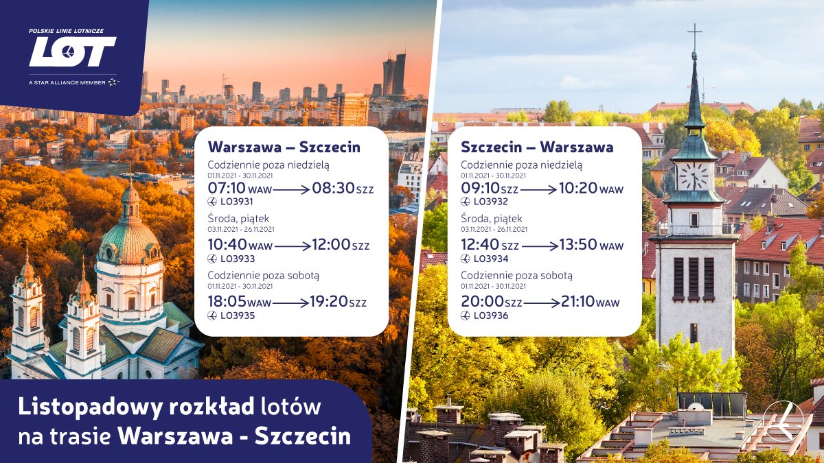 LOTPLAirlines's tweet photo. Już od listopada ze Szczecina do stolicy Polski polecicie z nami codziennie, w wielu dogodnych godzinach. Na trasie @ChopinAirport - @SzczecinAirport czeka na Was 14 połączeń tygodniowo!
Bilety kupicie jak zawsze na https://t.co/u1Lk8NsmFe. ✈️
#PLLLOT #flyLOT @PomZachodnie https://t.co/Rcm4gdLw85