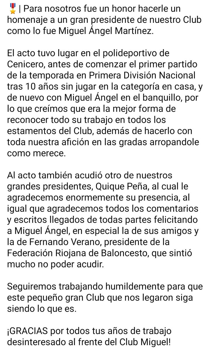 🎖️|Para nosotros fue un honor hacerle un homenaje a un gran presidente de nuestro Club como lo fue Miguel Ángel Martínez. 
El acto tuvo lugar en Cenicero con nuestra afición arropandole en este día tan señado y merecido.
GRACIAS por todos tus años de trabajo desinteresado Miguel!