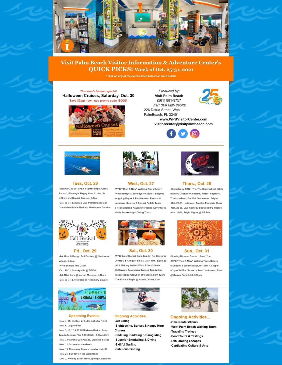 WPBVisitorInfo's tweet photo. The @WPBVisitorInfo's Quick Picks for #fun in #thepalmbeaches Oct. 25-31.  Details at >> https://t.co/I2bsJIf4Zl. Be sure to visit our new location at 226 Datura Street in @DowntownWPB for even more great ideas! https://t.co/6AxYISdXRq
