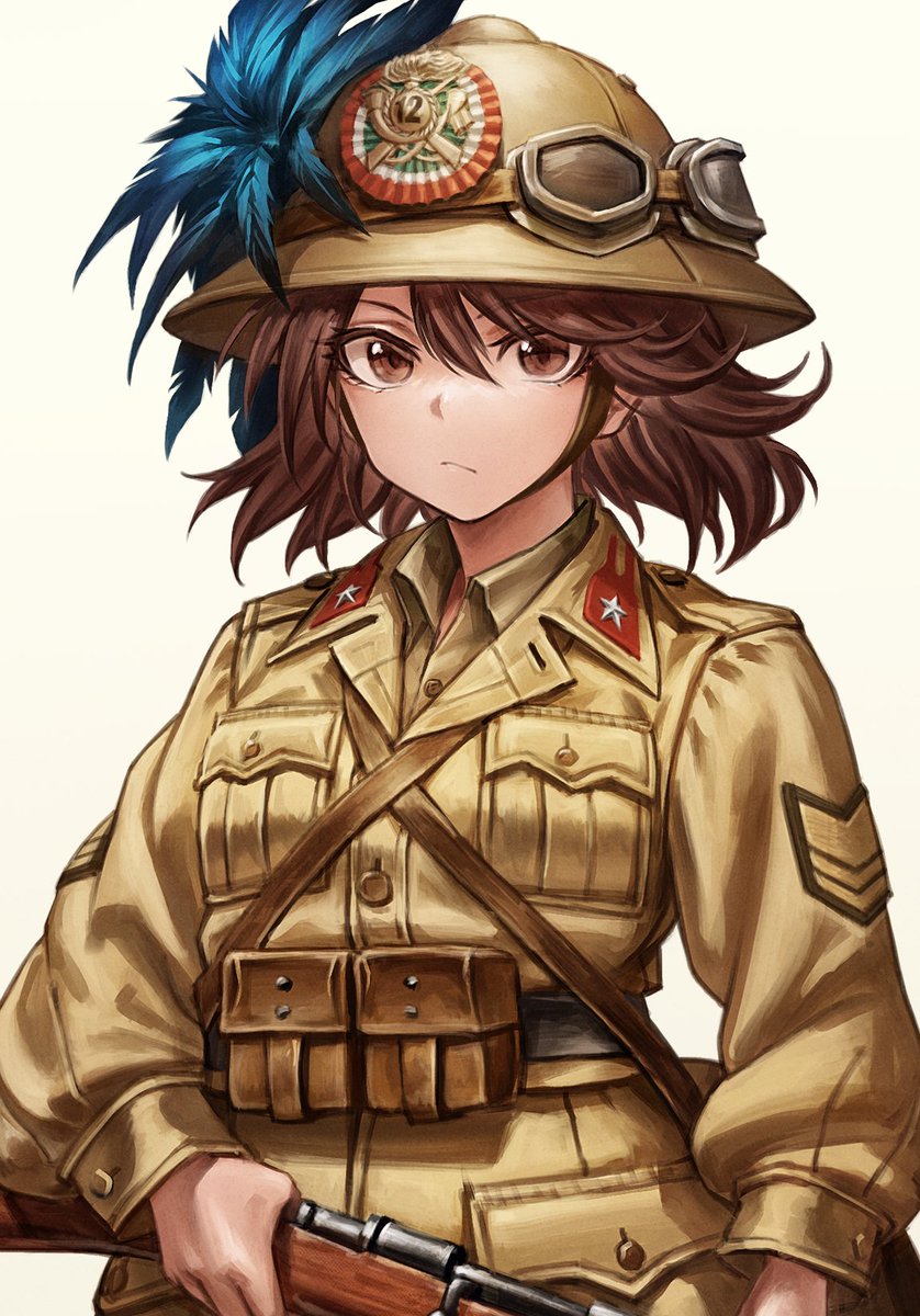 1girl solo gun brown hair military military uniform weapon  illustration images