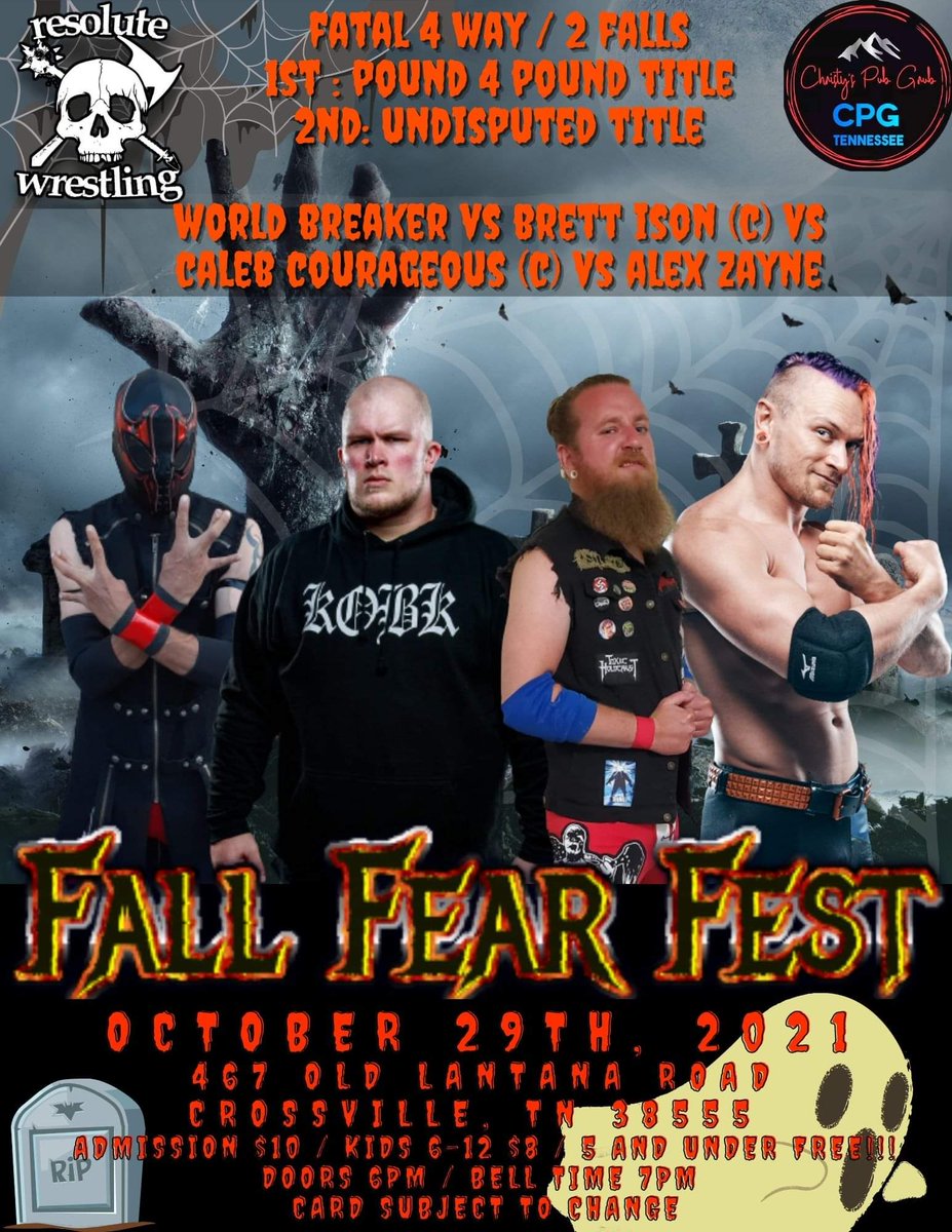 🚨THIS FRIDAY NIGHT, OCTOBER 29TH!!!🚨

**2 Falls/2 Titles/Fatal FEAR Way**
@KOBK4ever v. <a href="/AlexZayneSauce/">Alex Zayne - アレックス・ゼイン</a> v. <a href="/TCrusader1990/">Toxic_Crusader1990</a> v. World Breaker

🗓 FRIDAY, OCTOBER 29TH 2021

🚪🕕 Doors - 6:00 p.m. (CT)

🛎🕖 Belltime - 7:00 p.m. (CT)

📍467 Old Lantana Road in Crossville, TN