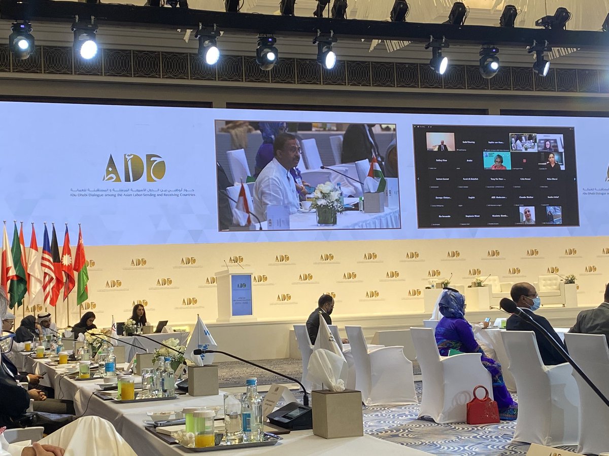 At #AbuDhabiDialogue in #Dubai with Asian+GCC member states. Hon. MoS, V. Muraleedharan <a href="/MOS_MEA/">V. Muraleedharan</a>, expressed support for regional collaboration &amp; referred to regional meet on repatriation of migrant workers during #COVID19 led by India @SecySanjay <a href="/RamuAbbagani/">Abbagani Ramu</a> <a href="/ILONewDelhi/">ILO India</a> <a href="/ilo/">International Labour Organization</a>