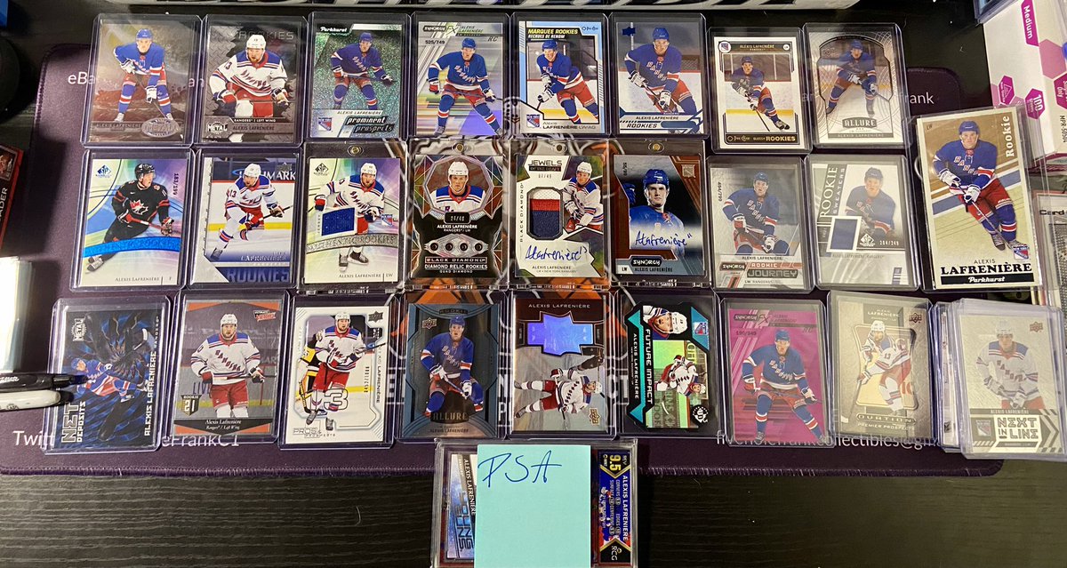 FiveHoleFrankC1's tweet photo. Over the last week I realized I can’t PC everyone.  I’m going to be letting go of most of this.  I was going to get that slab regraded and slabbed by PSA.  #oldpc #fairwell #lafreniere #goingtomarket #wasfun #thehobby https://t.co/VTs30rixYA