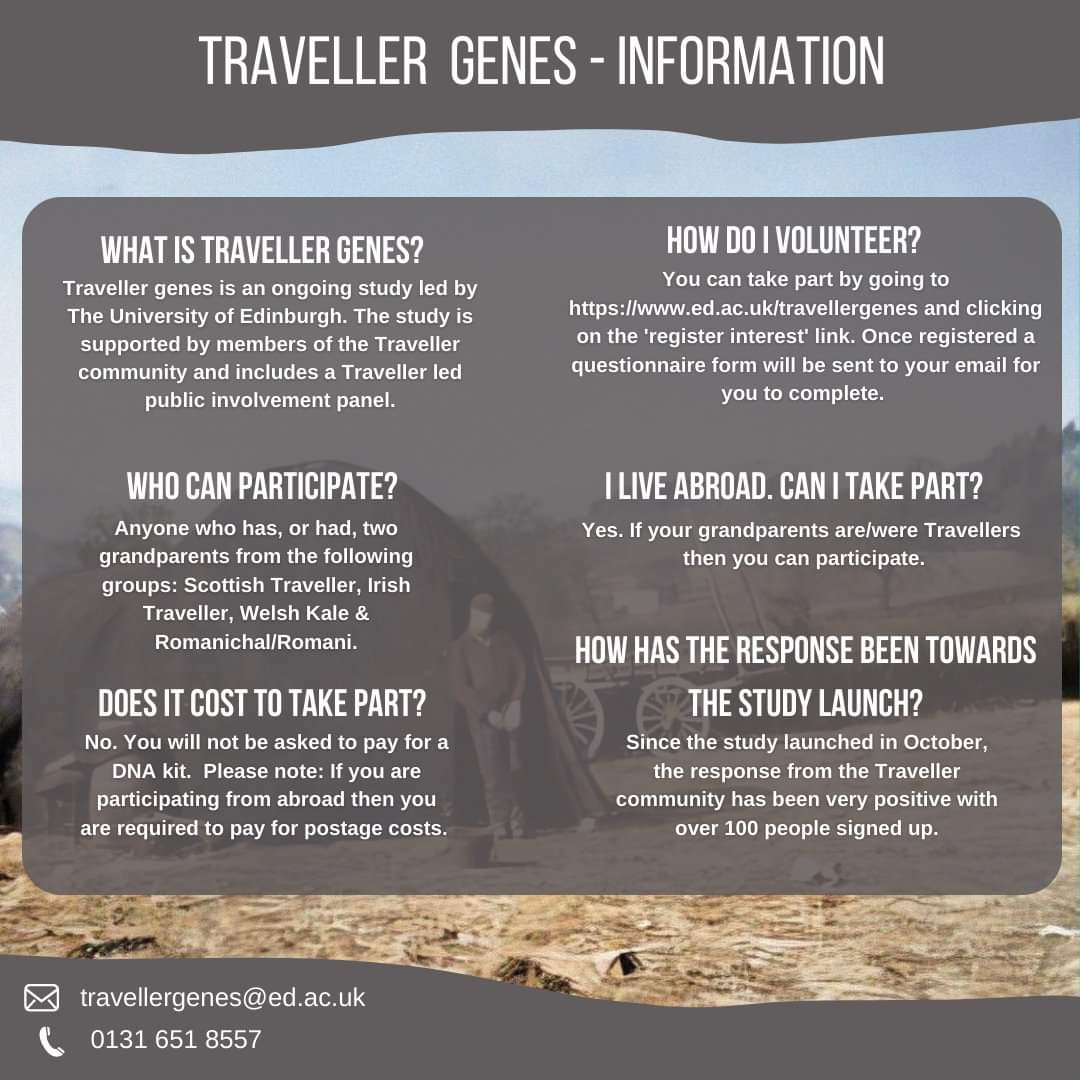 ScotTravellers's tweet photo. Unique DNA study open to all who have two grandparents belonging to Scottish or Irish #Travellers, Welsh Kale, Romanichal, Romani #Gypsy groups https://t.co/6zeMT2Mt6r #Scotland #ancestry #genes please share https://t.co/XtfGbS5KS6