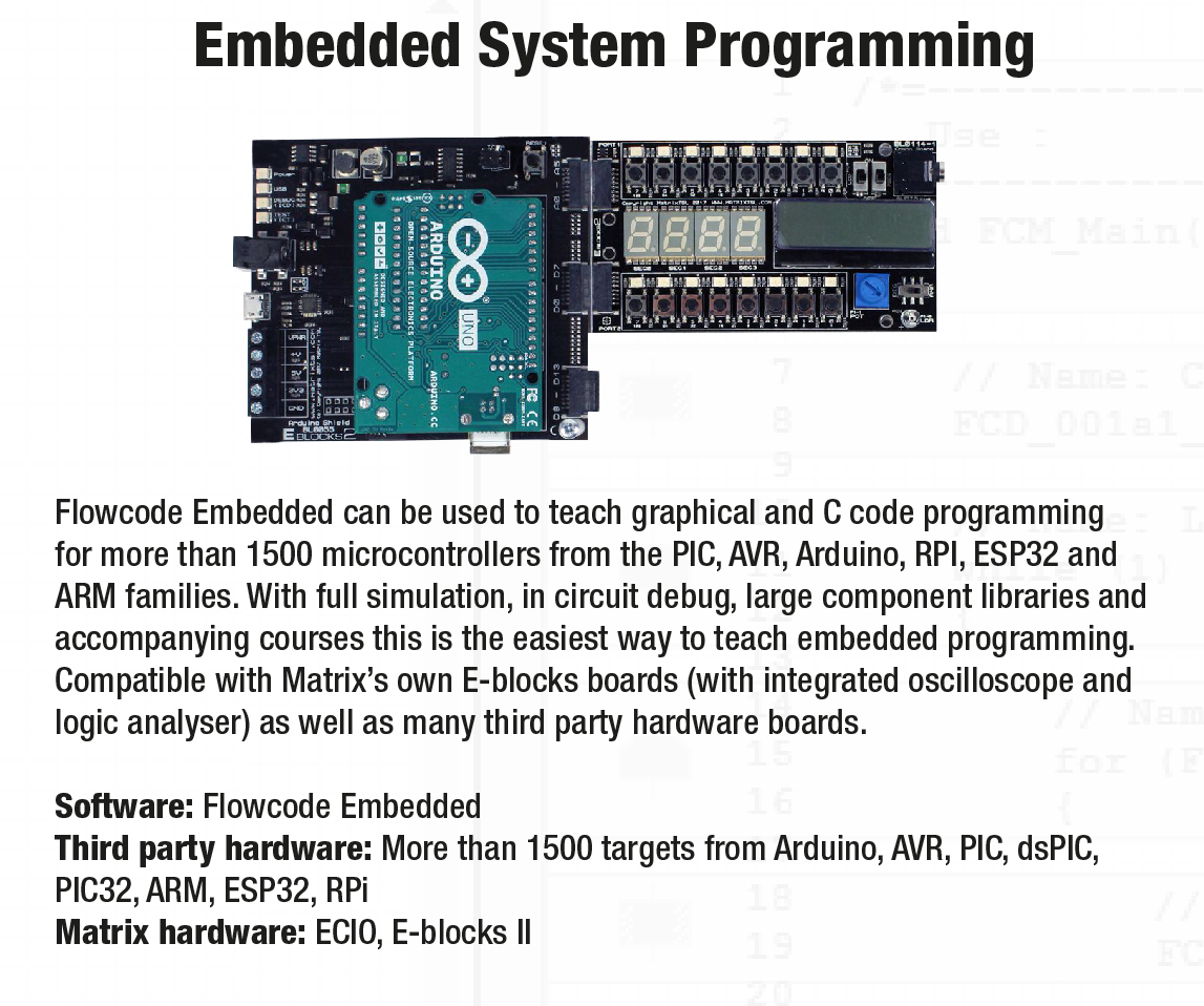 MatrixFlowcode's tweet image. Flowcode Embedded is used to teach graphical and C code programming for more than 1500 microcontrollers from the PIC, AVR, Arduino, RPI, ESP32 and ARM families... for more information of the covered families click here: flowcode.co.uk/embedded/hardw…