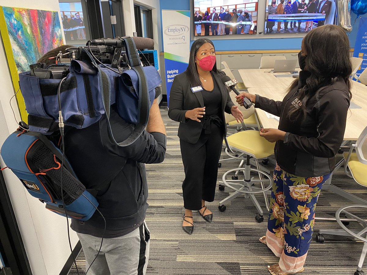 WCNevada's tweet photo. Live w/ @NkirukaAzuka @ #EmployNVBusinessHub inside @LVCCLD’s #SaharaWestLibrary talking 1 year of helping businesses recover &amp; grow.  This hub &amp; the @lvchamber hub opened last fall.  Photos in the background are of the two new business hubs at @CNLV and @cityofhenderson! https://t.co/H0yPodWySd