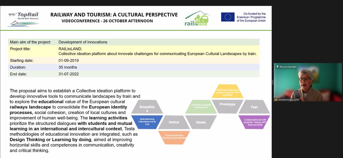 uic's tweet photo. Dr. Clara Zamorano, Professor @La_UPM and coordinator of #Railtoland #EU #ErasmusPlus project explains the activity project during the III #Toprail Forum on Railway and #Tourism: a cultural perspective https://t.co/0IKFONREk2