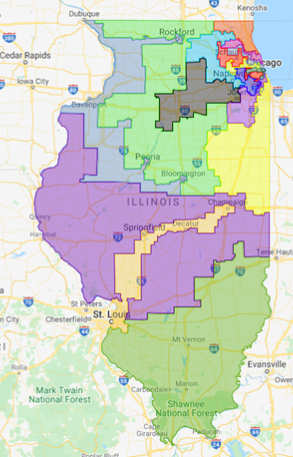 argherna's tweet photo. @Schwarzenegger: HELP! Illinois is a mess with redistricting. This is the latest proposed state congressional districting map (story here: https://t.co/jxtmdRooxi) What can the citizens of my state do to stop the madness? https://t.co/IHrx1k701e