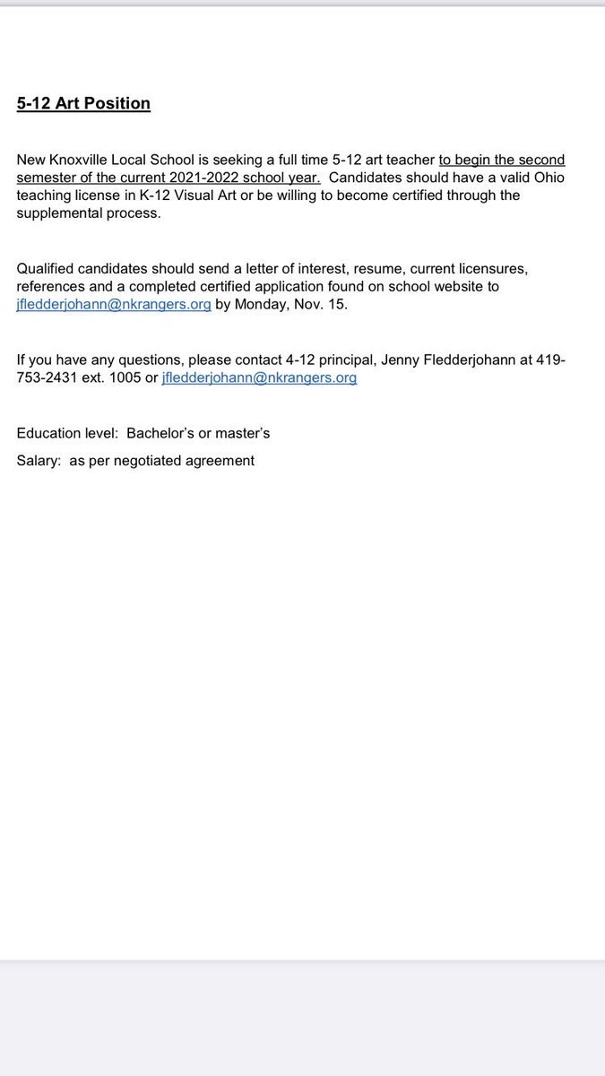 New Knoxville School is seeking an art teacher for grades 5-12 for the second semester of the current 2021-2022 school year.  Please retweet.