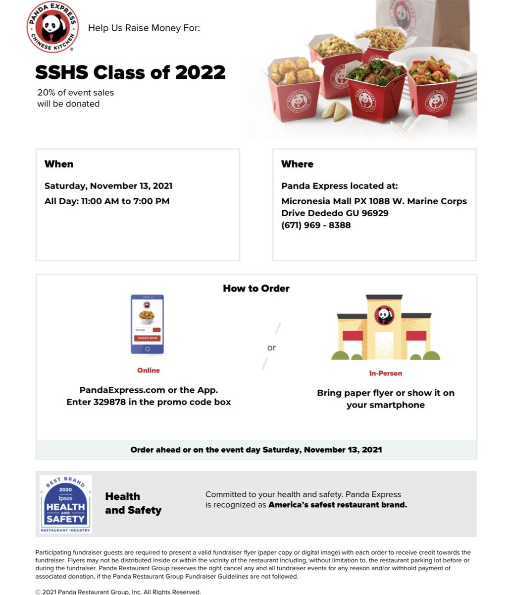 sshsco2022's tweet photo. Fundraiser Alert! 
Are you craving some Panda Express? Senior Class will hold their Panda Express Fundraiser on November 13, Saturday from 11am-8pm at the Micronesia Mall Food Court! See flyer for more information. Present 2nd slide upon checking out. 

See you all there! 🦈📣 https://t.co/7Jefyiji1k