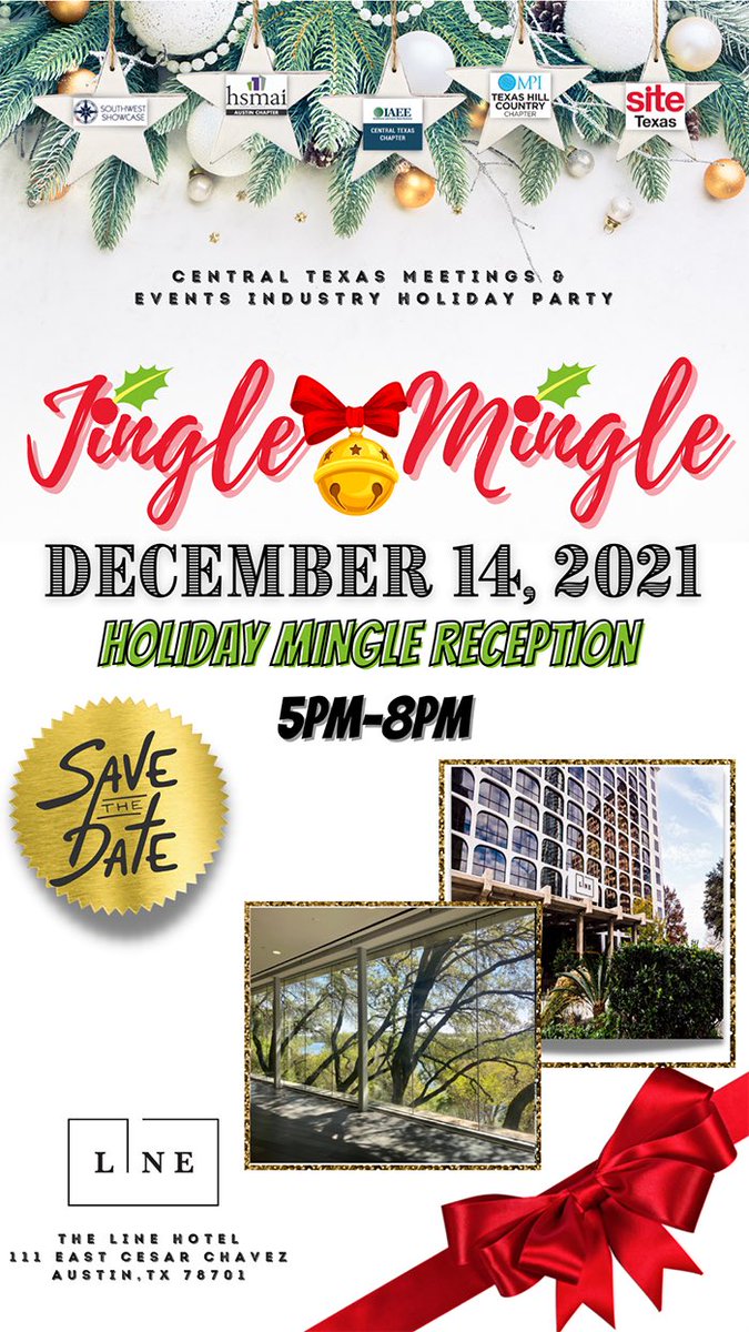 Save the Date! 🎄the annual Jingle Mingle Holiday Reception will take place on Tuesday, December 14th from 5PM-8PM at the Line Hotel.
 
#hsmai #southwestshowcase #iaee #mpi #sitetexas