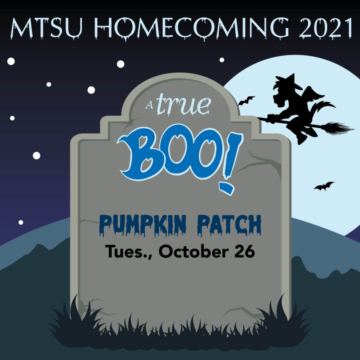 MTSUHomecoming's tweet image. The True Boo Homecoming Week continues today with the Pumpkin Patch🎃on the Student Union Commons from 11am-3pm!! Bring a friend and join us 👻