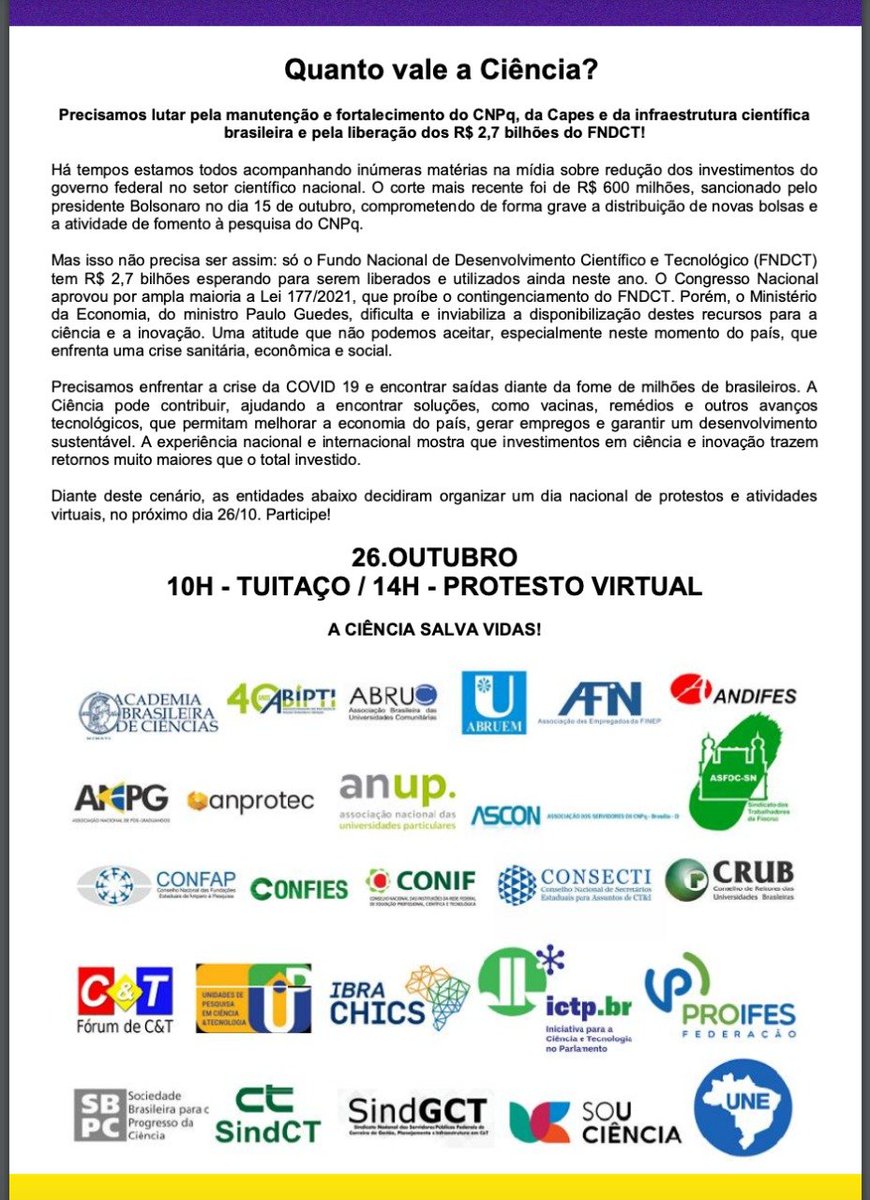 Vamos precisar da ciência para sair da crise sanitária e econômica. Ajude a salvar a ciência no Brasil. Manifeste seu protesto. #SOSCiência