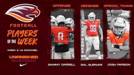 Congrats to our players of the week from our homecoming win over McDaniel! These 3 guys have just been raising their game every week this season. Excited to see what’s in store moving forward! #ALLIN #UnfinishedBusiness