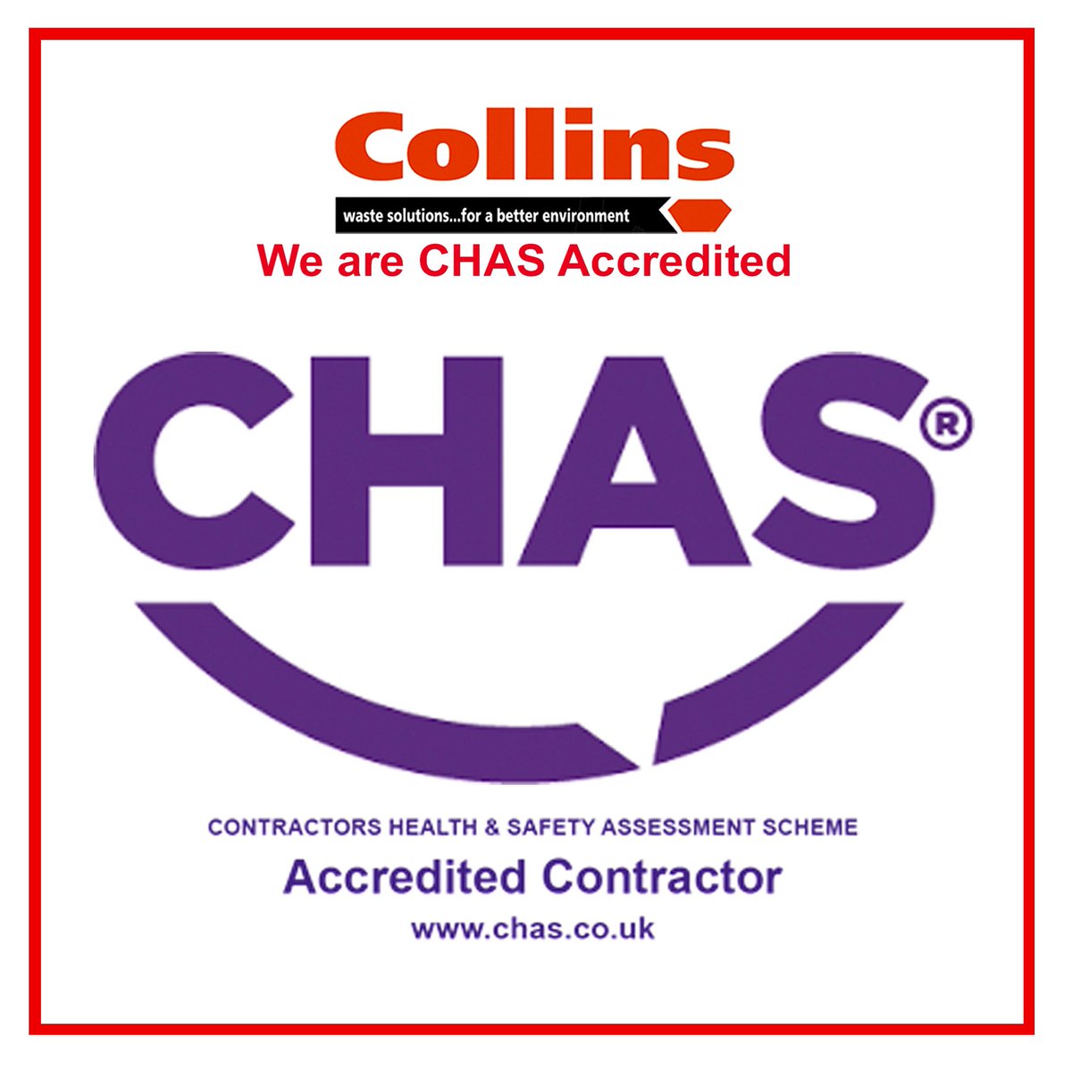 🔴Collins is now CHAS registered!!🔴
CHAS helps clients (buyers) and contractors (suppliers) ensure compliance across the different areas of risk management, and mitigate risks across the supply chain. #chas #skiphire #ipswich #suffolk #waste #wastemanagment
