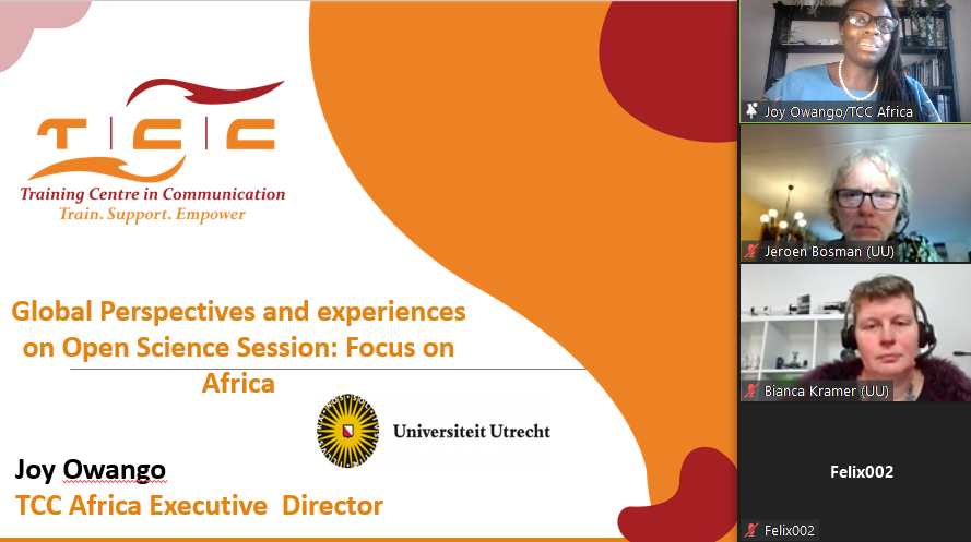 tccafrica's tweet photo. #openaccessweek21
On going @UtrechtUni .
Our Director Ms. @JoyOwango is currently talking about the 'Global Perspectives and experiences on #OpenScience- Focus on Africa' https://t.co/YTr5WSbTI5