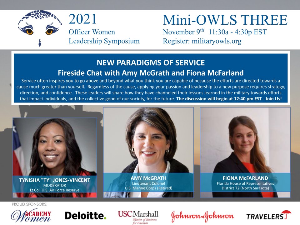 Mini-OWLS Three FIRESIDE CHAT Announcement!  You want want to miss this exciting discussion from two leaders who continue to find ways to serve our country!
Register here: 
ow.ly/JgCM50Gti8R
#OWLS2021
#academywomenOWLS
#standwithmilitarywomen