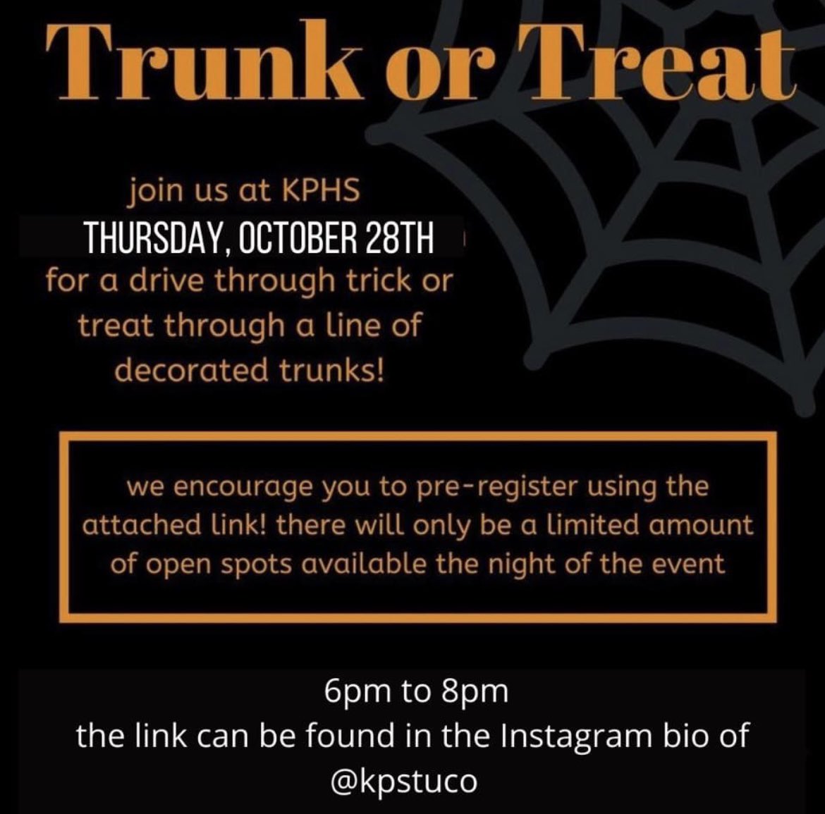 Make sure to join us October 28th at KPHS for Trunk or Treat!! Drive your car through a huge line of decorated cars to go trick or treating!!

Use this link to let us know you’re coming!

signupgenius.com/go/10C0F4CA4A7…