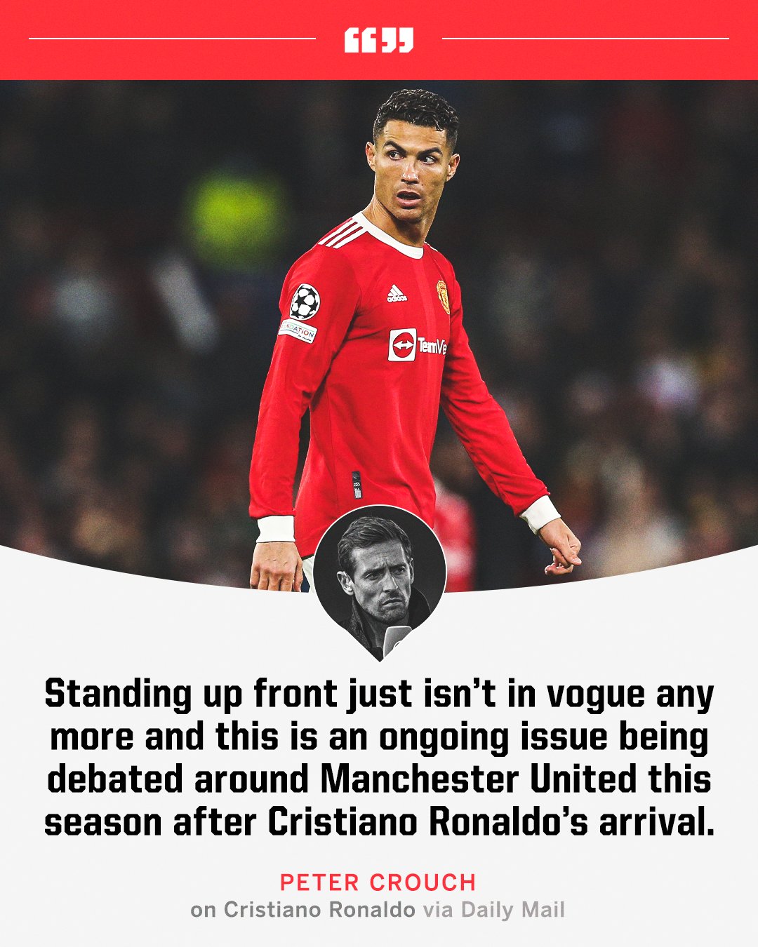 kandidat gennemskueligt Problem ESPN UK on Twitter: "Peter Crouch tells Cristiano Ronaldo standing up front  isn't cool any more 👀 https://t.co/vjCoBfxrS7" / Twitter