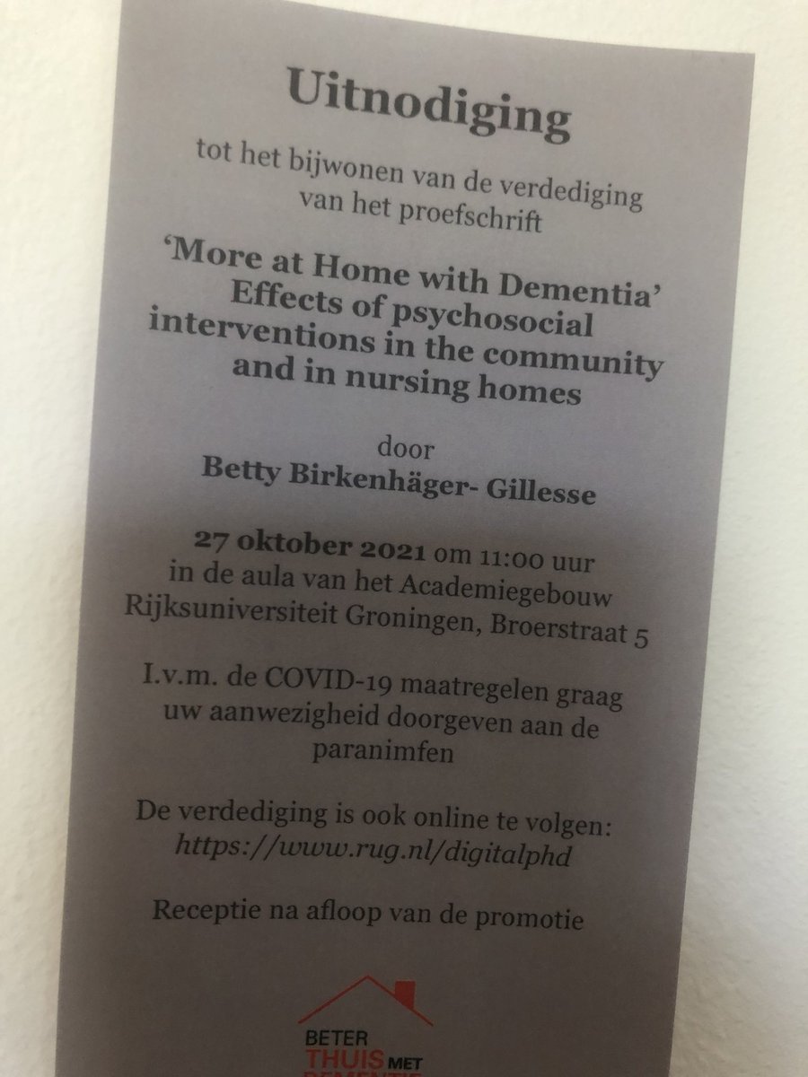 wilcoachterberg's tweet photo. Nu al excited: promotie @umcg morgen van Betty Birkenhager @LaurensZorg ‘Beter thuis met Dementie’, ism @LUMC_Leiden @UNCZH mede mogelijk gemaakt door oa @ZonMw @gemeenteRotterdam @ZilverenKruis https://t.co/7kxWM1Nr5i