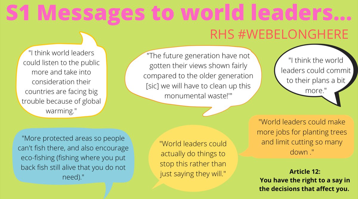 MissDowneyRMPS's tweet photo. In our Environmental Ethics unit in RMPS, S1 pupils at @Royal_High_Sch voiced their opinions on what concerns them and what they want world leaders to do for @COP26 I think we have some future leaders 🌟🏴󠁧󠁢󠁳󠁣󠁴󠁿♻️ @NicolaSturgeon https://t.co/d1iwmU19ZM