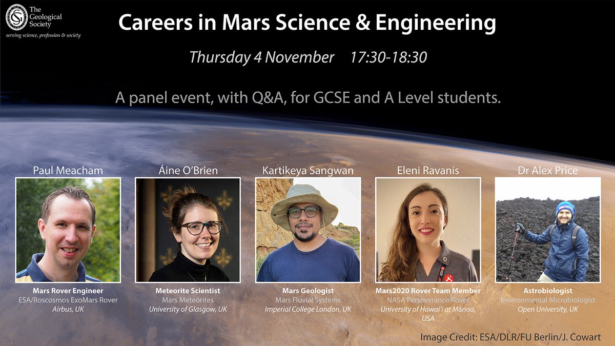 GeolSoc's tweet photo. Join us on 4th November for a special careers Q&amp;A with scientists and engineers working on geology, astrobiology, technology and engineering on Mars!

Grab your spot now to hear from @aineclareob @KS_Sangwan @eleniravanis @AstroBioPrice  @esa @NASAMars 🔭

https://t.co/1dOpKu3MZg https://t.co/VMjVrZ1pbQ