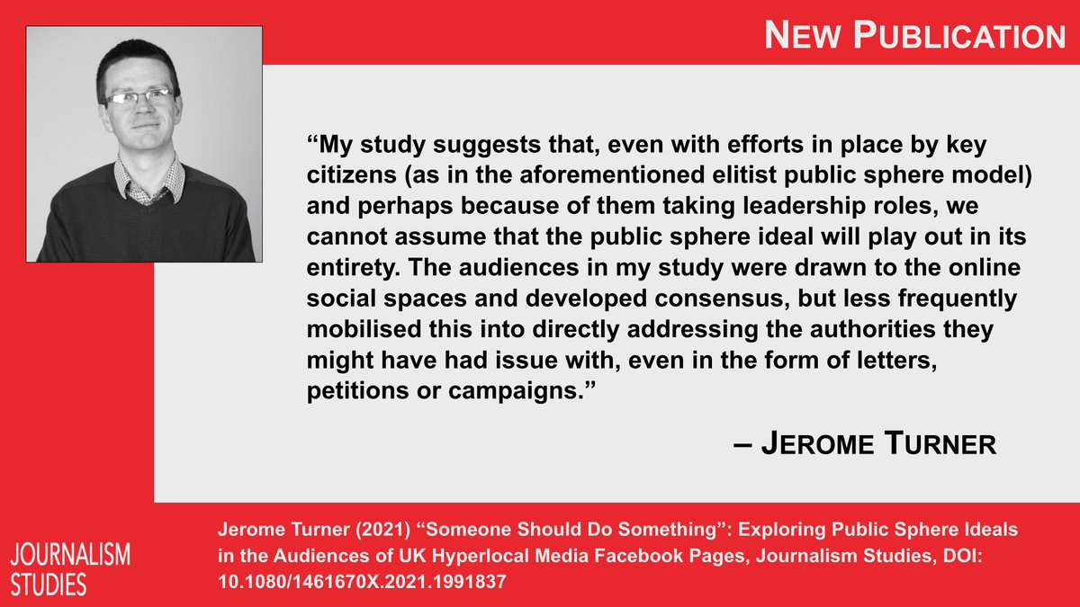 Journalism Studies (@journstudies) on Twitter photo At the hyperlocal media level <a href="/jezturner/">Jerome Turner</a> finds that although audiences express their opinions (critique of police or local council) they don’t mobilize to challenge such authorities directly, becoming too reliant on the activism efforts of citizen editors.
tandfonline.com/doi/full/10.10… At the hyperlocal media level <a href="/jezturner/">Jerome Turner</a> finds that although audiences express their opinions (critique of police or local council) they don’t mobilize to challenge such authorities directly, becoming too reliant on the activism efforts of citizen editors.
tandfonline.com/doi/full/10.10…