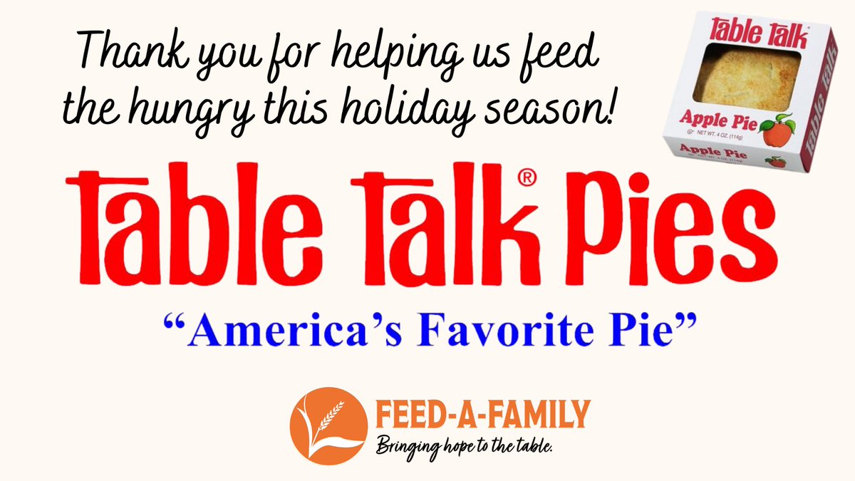 uwoftc's tweet photo. Thank you to Table Talk Pies for so generously providing 2,000 of their fresh-baked 8" pies to help us feed the hungry this holiday season! #FeedAFamily #BringHopeToTheTable https://t.co/0AVfTOy8eC