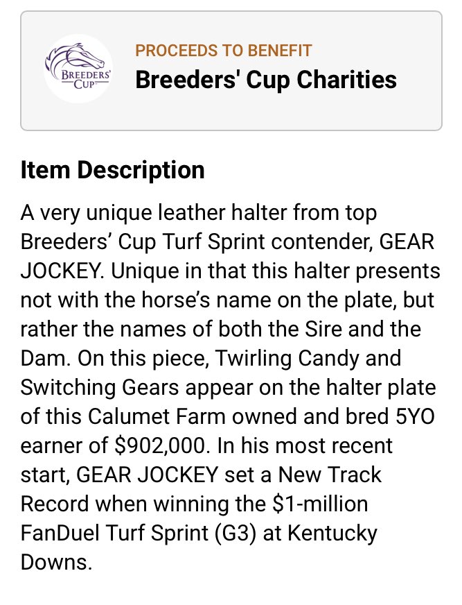 realfanticipate's tweet image. We salute @CalumetFarm trainer Rusty Arnold for his support of @BreedersCup Charities in donating a very special Halter from GEAR JOCKEY! Bid now at fanticipate.com @DelMarRacing @HayleyMAmoss @calgregson @PDJFund @jenine_sahadi #BCTURFSPRINT