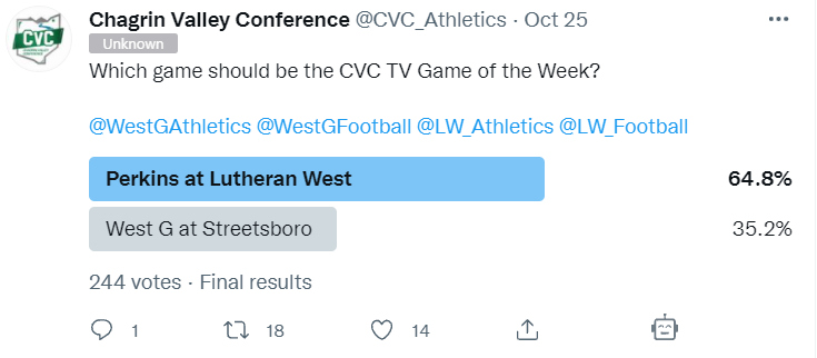The CVC TV Game of the Week will be.....

<a href="/LW_Athletics/">Lutheran West Athletics</a>
<a href="/LW_Football/">LW Football</a>
<a href="/FootballPerkins/">Perkins Pirates Football</a>