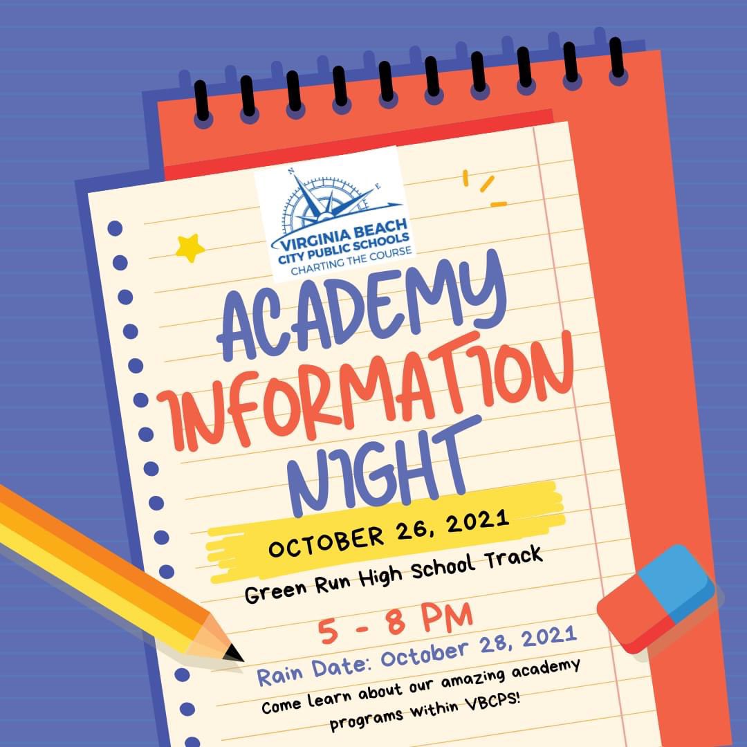 TONIGHT IS THE NIGHT! Come visit the EBA and all academy programs at Academy Information Night on the Green Run High School Track from 5-8pm. (Rain Date: 10/28/21) See what makes our students #EBAPROUD
