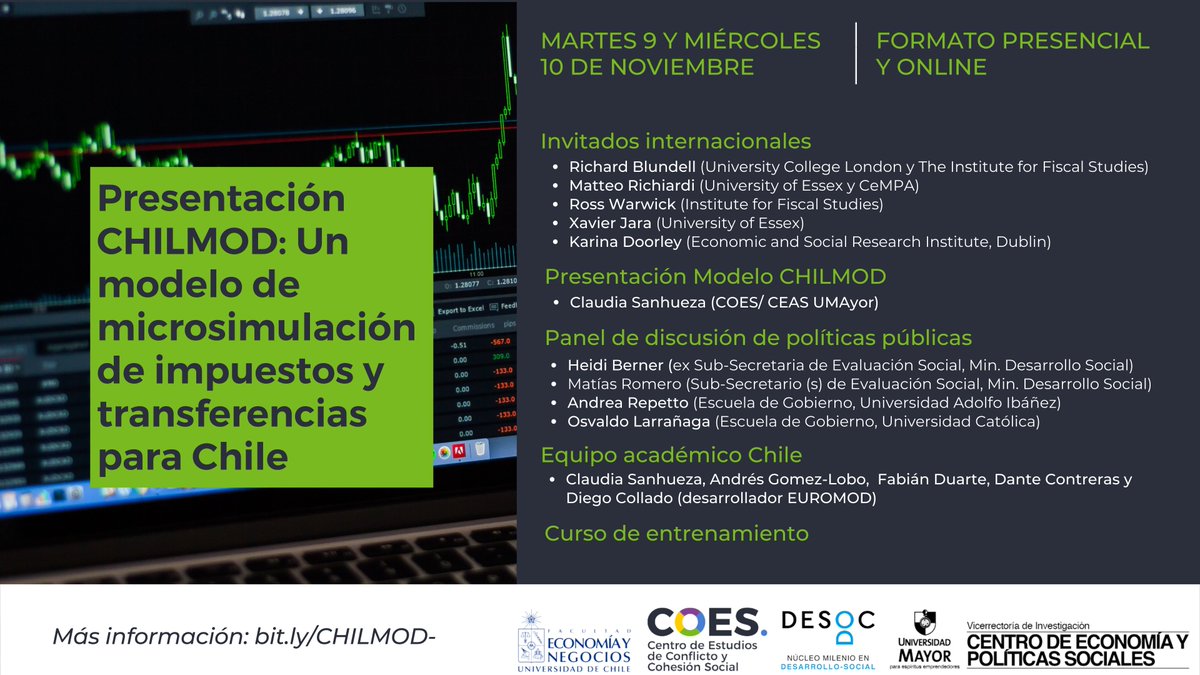 Basado en EUROMOD (usado en la UE), CHILMOD es un software para la microsimulación de impuestos y beneficios que permite calcular los efectos de impuestos y transferencias públicas sobre los ingresos en hogares y sobre los incentivos laborales para la población de cada país.