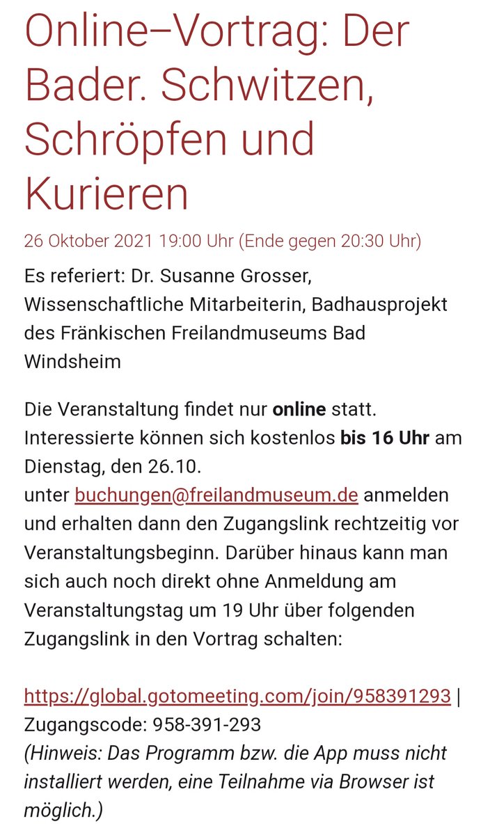 Gleich beginnt der Online-Vortrag zum "Schwitzen, Schröpfen und Kurieren"! 🧖‍♀️🧖‍♂️
Wer sich über den Beruf des Baders und unser Badhaus-Projekt informieren möchte, ist herzlich zu unserer Veranstaltung eingeladen - einfach dazuklicken! 💻📲
global.gotomeeting.com/join/958391293 
Code: 958-391-293