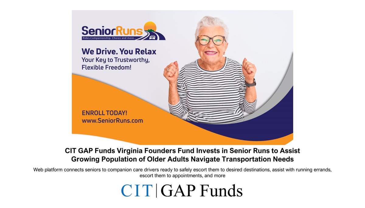 VirginiaIPC's tweet photo. Congratulations @SeniorRuns @JayneeSasso | CIT GAP Funds Virginia Founders Fund Invests in Senior Runs to Assist Growing Population of Older Adults Navigate Transportation Needs #VABiz #CITGAPFunds #SeniorRuns #VirginiaFoundersFund #Virginia #SeedFunding
https://t.co/Q5uZhirQGB https://t.co/zVnTmQ7JBF