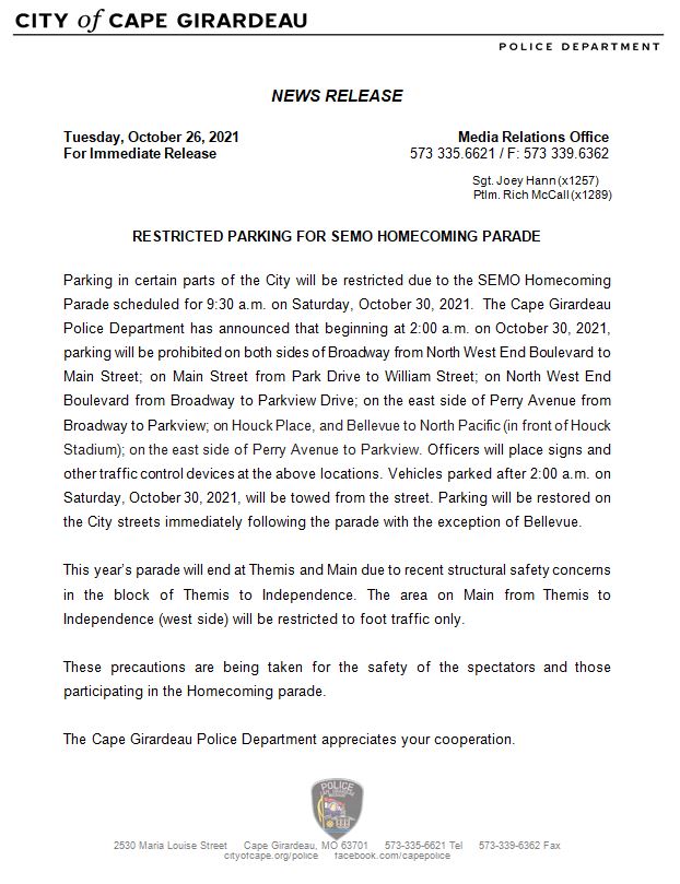 Restricted Parking Announced for SEMO Homecoming Parade.