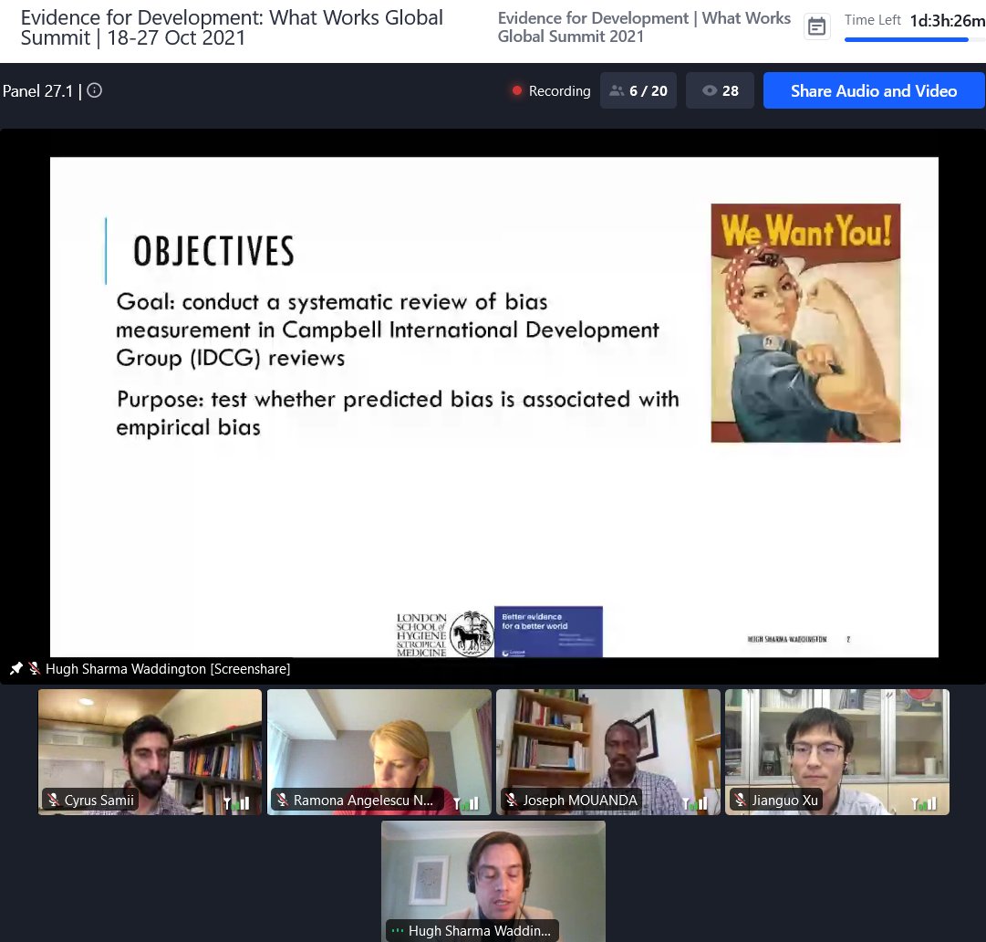 IDCG_Campbell's tweet photo. Our Editor Hugh Sharma Waddington and @campbellreviews author is live at the What Works Global Summit 2021 @WWGS2021 #Evidence4Dev right now, presenting in a session on "Approaches to measuring development impact".
https://t.co/0TXT9jQ8yj https://t.co/bjALx27iaM