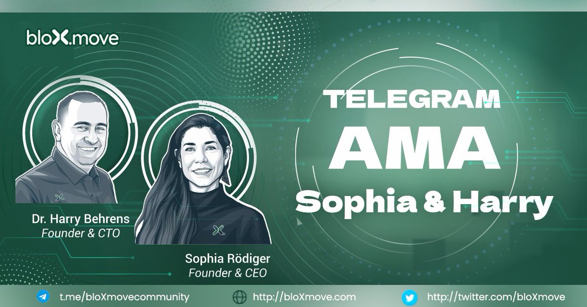 BloXmove's tweet photo. 📣 bloXmove AMA
It has been a couple of exciting days and to answer questions on $BLXM and the future of bloXmove we will host an AMA session with our CEO @SophiaRoediger and CTO @HBloxmove 

⏰ Oct 29, 2021 - 2PM UTC
📲 bloXmove Telegram group (link in bio) https://t.co/XpzhKSPpjF