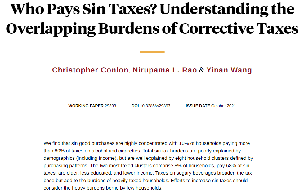 Only 10% of households pay 80% of sin taxes on alcohol and tobacco. A small segment (2.5%) of households consumes sin goods from several categories and pays more than 2% of income in these taxes, from <a href="/conlon_chris/">Chris Conlon</a>, @<a href="/nirupama_rao/">Nirupama Rao</a>, and Yinan Wang nber.org/papers/w29393
