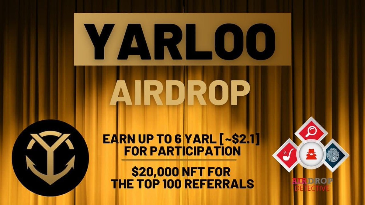 🔍 New #Airdrop: Yarloo

💲 Reward: Up to 6 YARL [~$2.1] + $20K in NFT referral pool

🔴 Start the airdrop bot: t.me/YarlooAirdropB…

🔘Do the tasks on the bot &amp; submit your data.

🔘Details: youtu.be/uI-XMvwnpwU

#Airdrops #Yarloo #AirdropDetective #YARL #Bitcoin #crypto