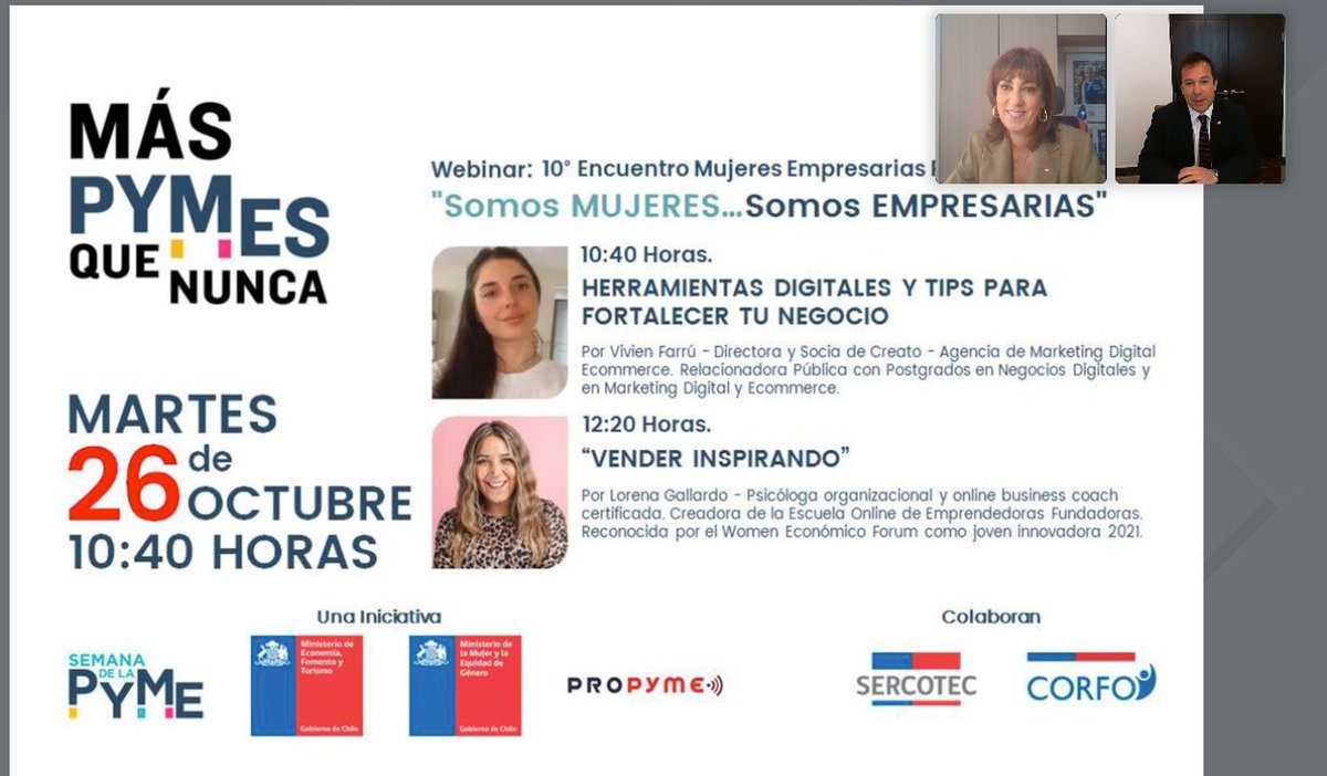 MinMujeryEG's tweet photo. Ministra @monicazalaquett, junto al Ministro @LucasPalaciosC, saludan a las cerca de mil mujeres, desde Arica a Punta Arenas, que están conectadas en el décimo encuentro de mujeres empresarias #PROPYME en el contexto de la realización de la semana de la Pyme. #MásPymesQueNunca 💪 https://t.co/RVemtIR5hH