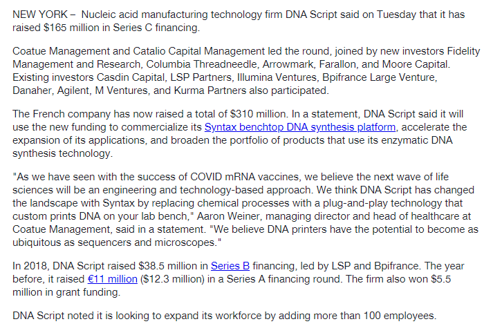 AlbertVilella's tweet photo. The #DNAWrite #BioWrite #DNASynthesis #SyntheticBiology field is heating up, with another $165M going to DNA Script (desktop DNA synthesis instrument). https://t.co/qyuaasLZVq