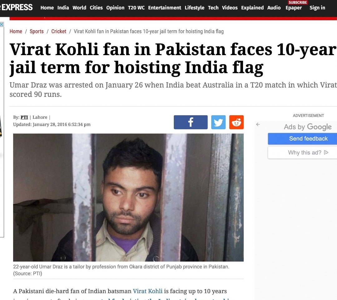 TheSkandar's tweet photo. Virat Kohli Fan Umar Draz in Pakistan faces 10-year jail term for hosting Indian flag. (2016)

Ab Kaha gaye woh log jo kal Law ka gyaan de rahe thai India ko? https://t.co/wUTz3RpwYG