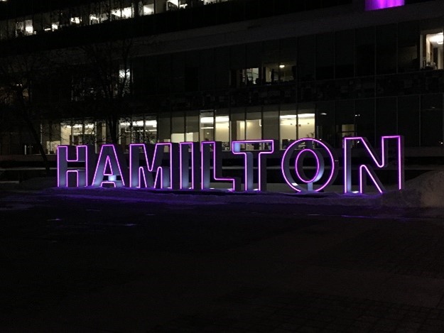 HamiltonCFS's tweet photo. The Hamilton Signature Sign will be lit up purple tonight for #DressPurpleDay. Tomorrow we will wear purple to show our support for the children, youth, and families in our community facing challenges! #HamOntSign #IDressPurpleBecause https://t.co/mXsKyNDAa6