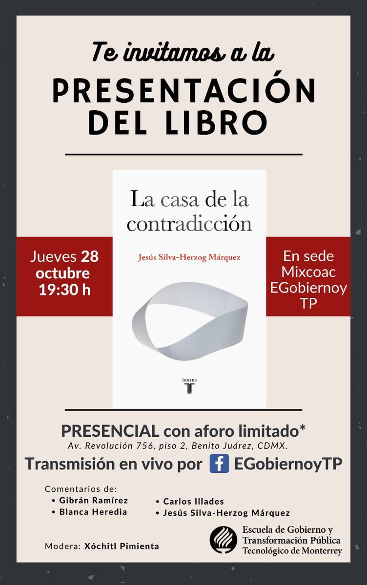 Jesús Silva-Herzog Márquez (@jshm00) en presentación y firma de su libro sobre la alternancia y la manera en la que se han construido los gobiernos en México en las últimas décadas en @EGobiernoyTP - sede Mixcoac y en Facebook live csocialestec.mx/landing-w/EGob…